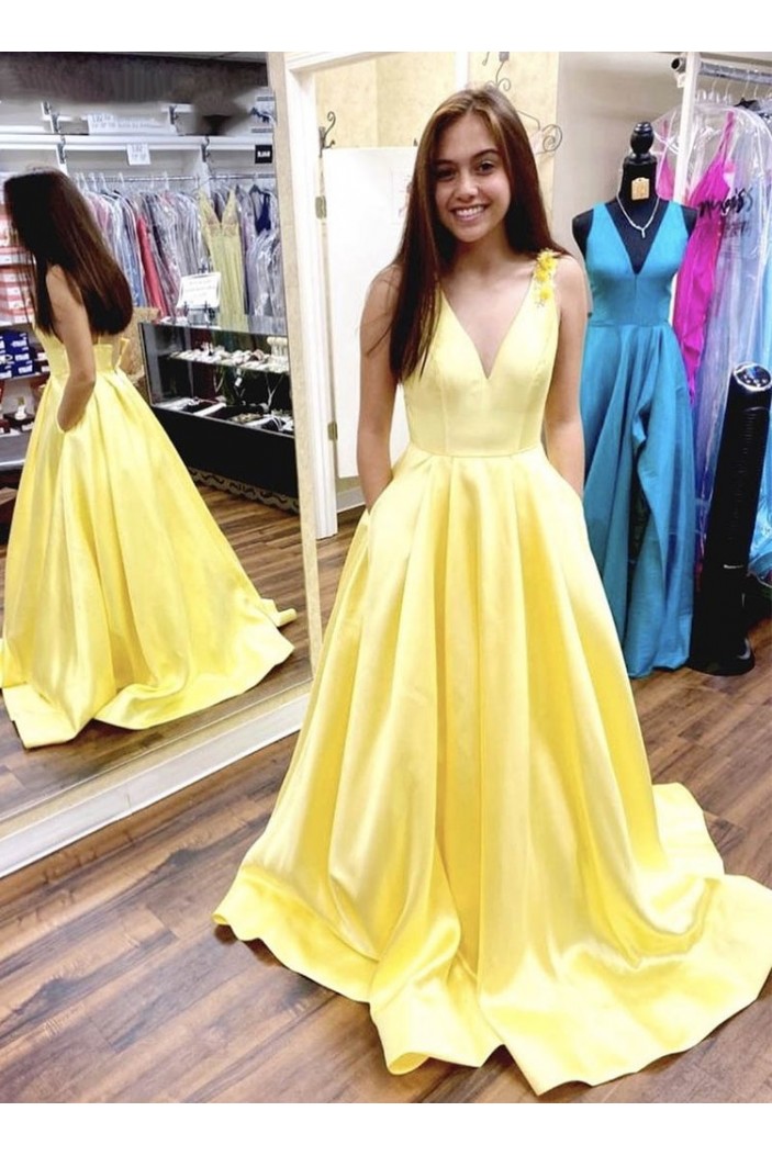 A-Line Long Yellow V-Neck Prom Dresses Formal Evening Gowns 6011001