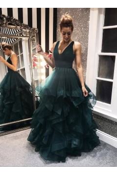 A-Line Tulle V-Neck Long Prom Dresses Formal Evening Gowns 6011022