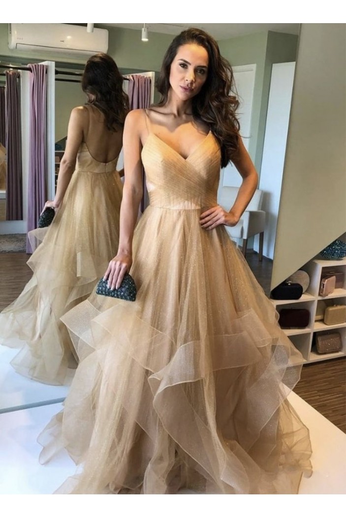 A-Line Tulle V-Neck Long Prom Dresses Formal Evening Gowns 6011023
