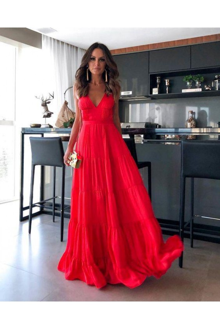 A-Line Long Red V-Neck Prom Dresses Formal Evening Gowns 6011027
