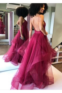 A-Line Tulle V-Neck Long Prom Dresses Formal Evening Gowns 6011035