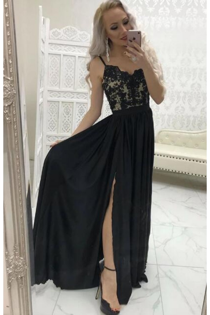 A-Line Spaghetti Straps Lace Long Black Prom Dresses Formal Evening Gowns 6011040