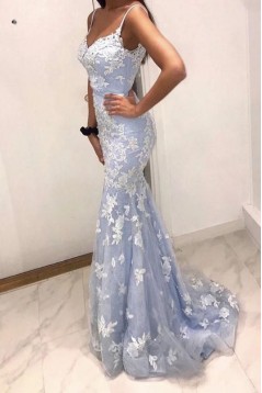 Mermaid Spaghetti Straps Lace Long Prom Dresses Formal Evening Gowns 6011059