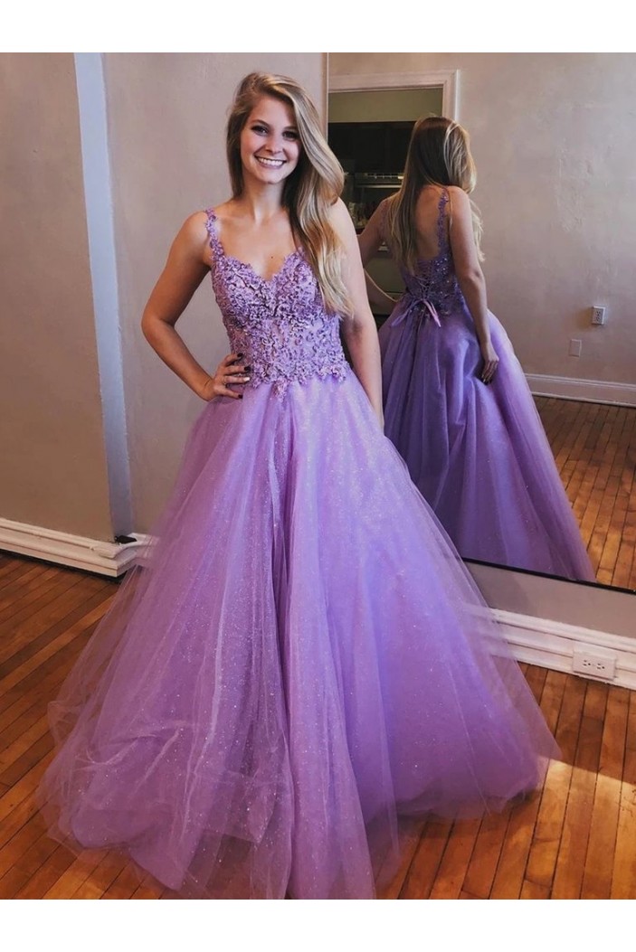 A-Line Beaded Lace Tulle Long Prom Dresses Formal Evening Gowns 6011108
