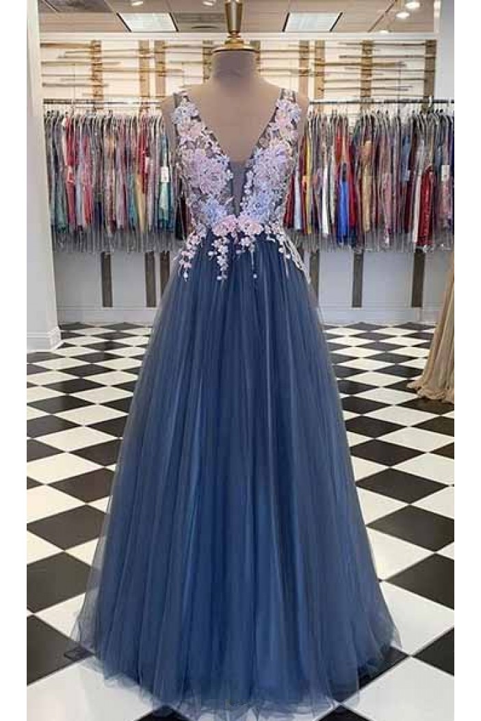 A-Line Lace Tulle V-Neck Long Prom Dresses Formal Evening Gowns 6011156