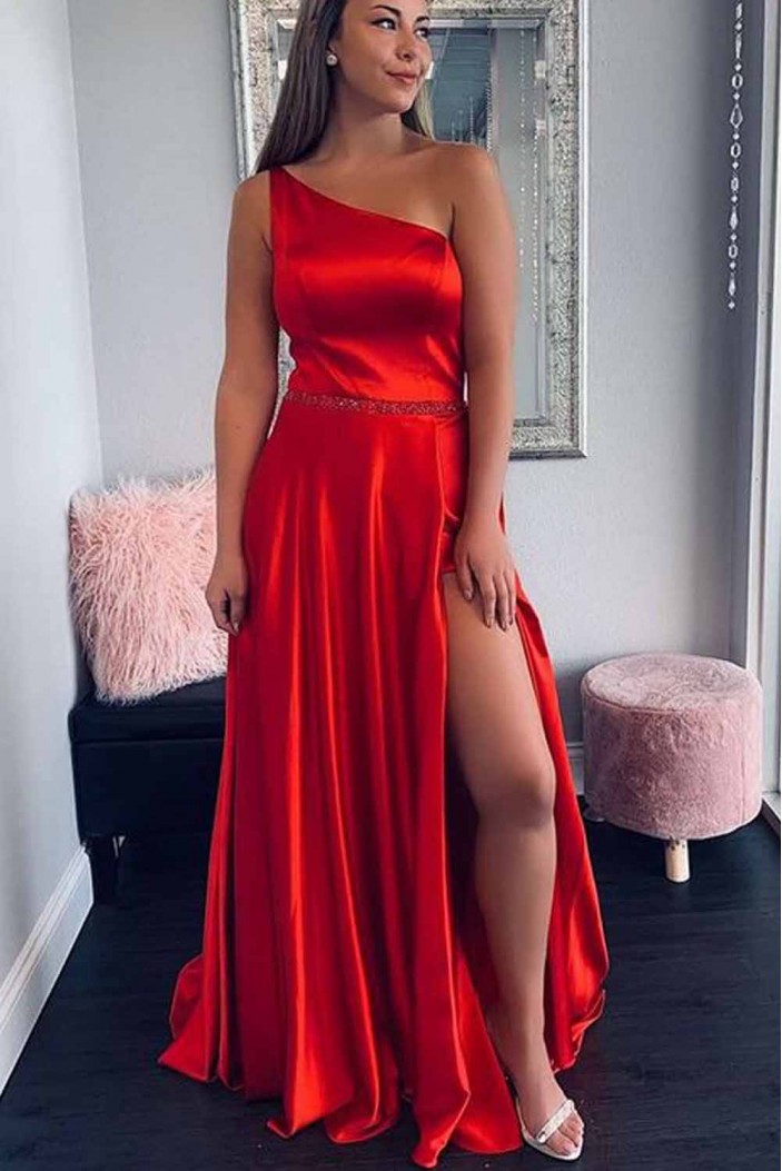 A-Line One-Shoulder Beaded Long Prom Dresses Formal Evening Gowns 6011176