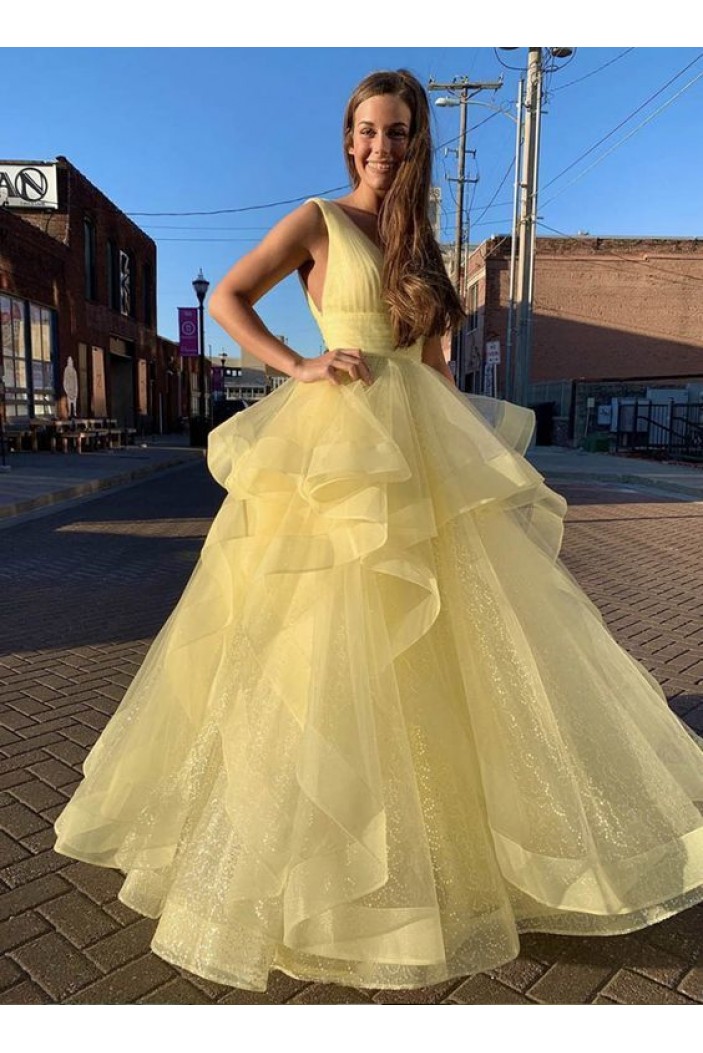 Long Yellow Tulle V-Neck Prom Dresses Formal Evening Gowns 6011189
