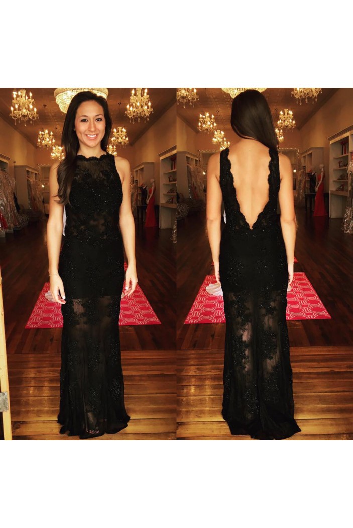 Long Black Beaded Lace Prom Dresses Formal Evening Gowns 6011209