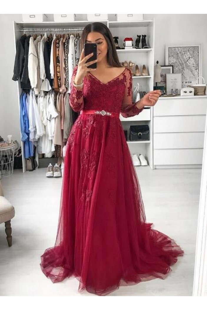 A-Line Long Sleeves Beaded Lace Long Prom Dresses Formal Evening Gowns 6011238