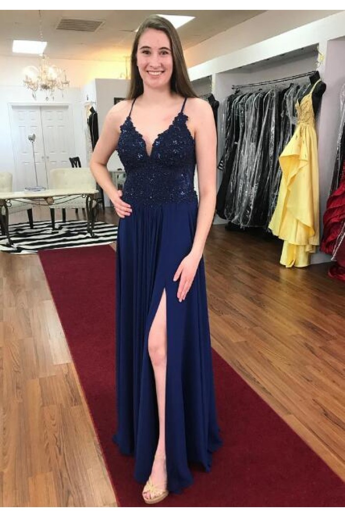 A-Line Beaded Lace Chiffon Long Prom Dresses Formal Evening Gowns 6011243