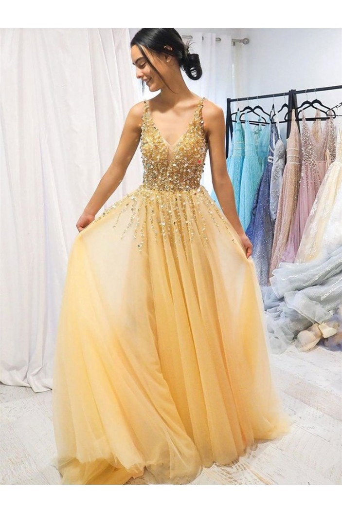 A-Line Beaded Tulle Long Prom Dresses Formal Evening Gowns 6011250