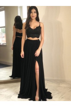 A-Line Two Pieces Long Black Prom Dresses Formal Evening Gowns 6011262