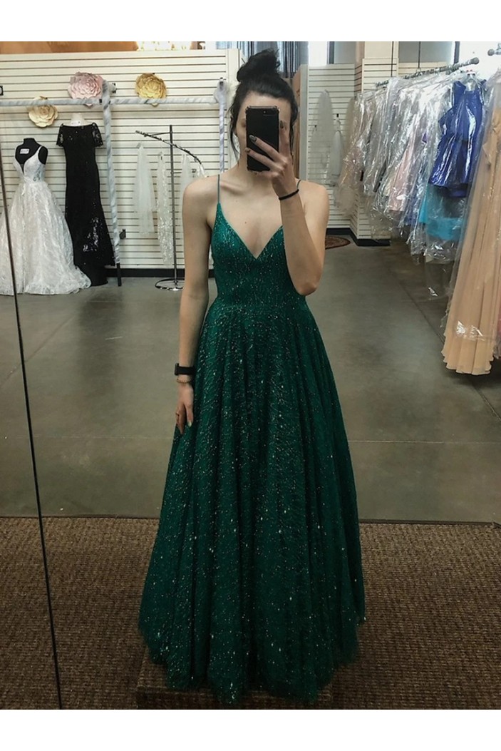 A-Line Sparkle Sequins Long Green Prom Dresses Formal Evening Gowns 6011264