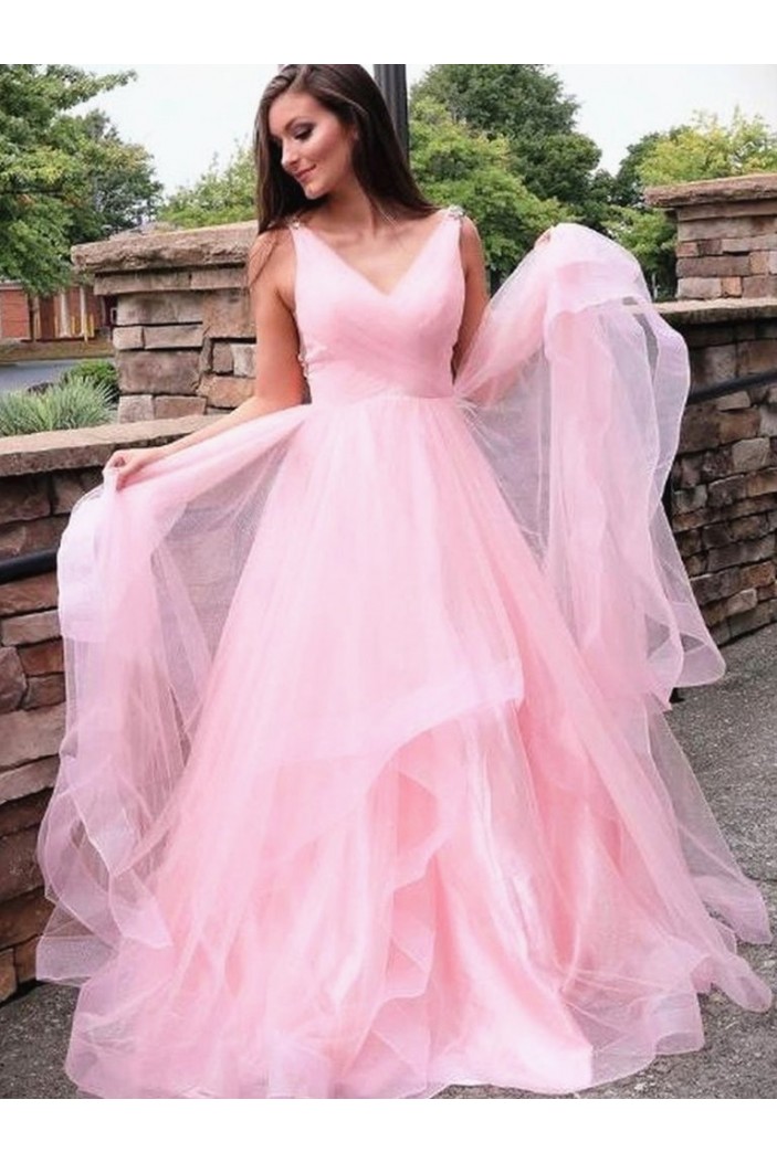 A-Line Long Pink Tulle Prom Dresses Formal Evening Gowns 6011270