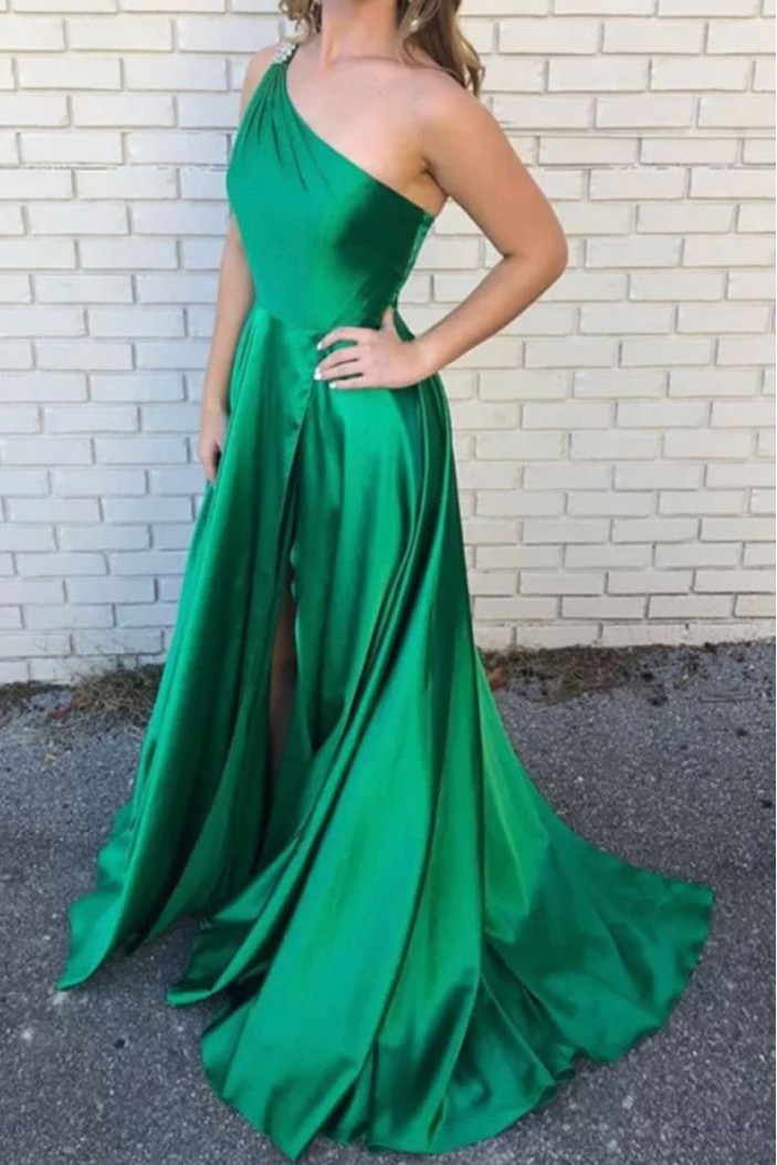 A-Line Beaded One-Shoulder Long Green Prom Dresses Formal Evening Gowns 6011315