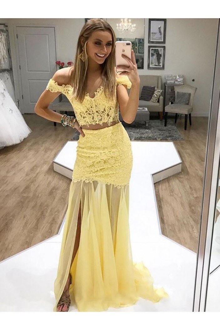 Long Yellow Lace Two Pieces Prom Dresses Formal Evening Gowns 6011333
