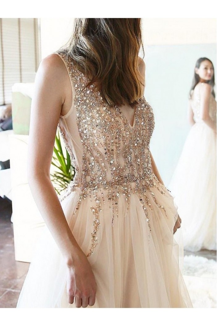 A-Line Beaded Tulle Long Prom Dresses Formal Evening Gowns 6011339