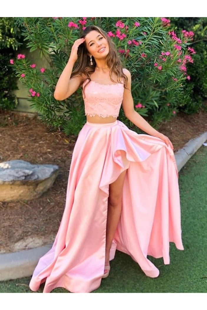 A-Line Asymmetrical Two Pieces Lace Long Prom Dresses Formal Evening Gowns 6011356