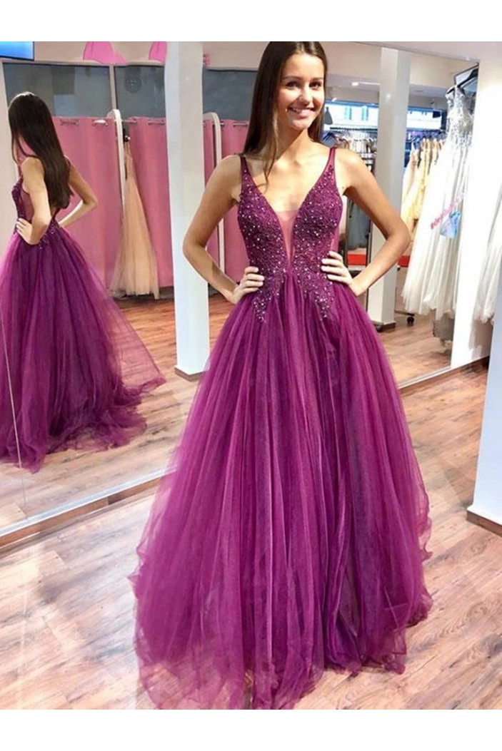 A-Line Beaded Lace Long Prom Dresses Formal Evening Gowns 6011372
