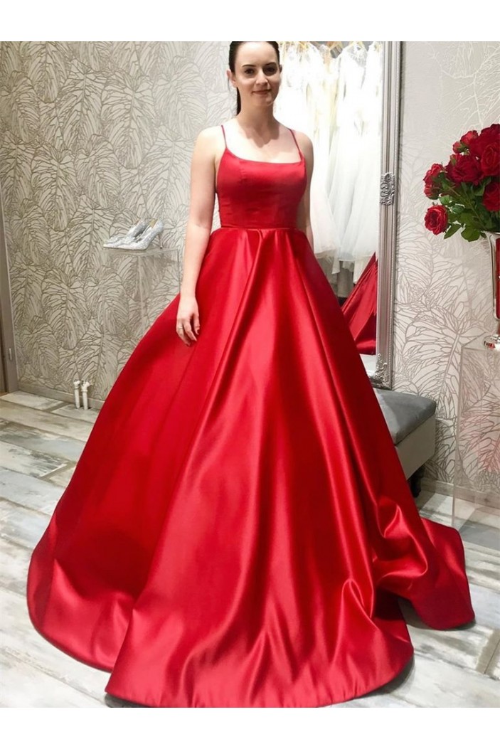 A-Line Long Red Satin Prom Dresses Formal Evening Gowns 6011416