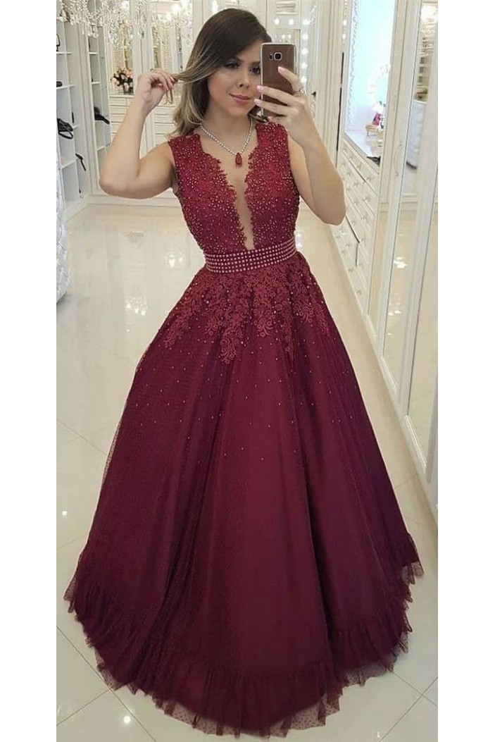 A-Line Beaded Lace Long Prom Dresses Formal Evening Gowns 6011442