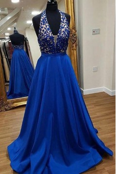 A-Line Halter Lace Long Prom Dresses Formal Evening Gowns 6011465