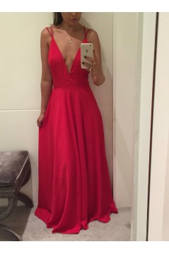A-Line Long Red V-Neck Prom Dresses Formal Evening Gowns 6011479