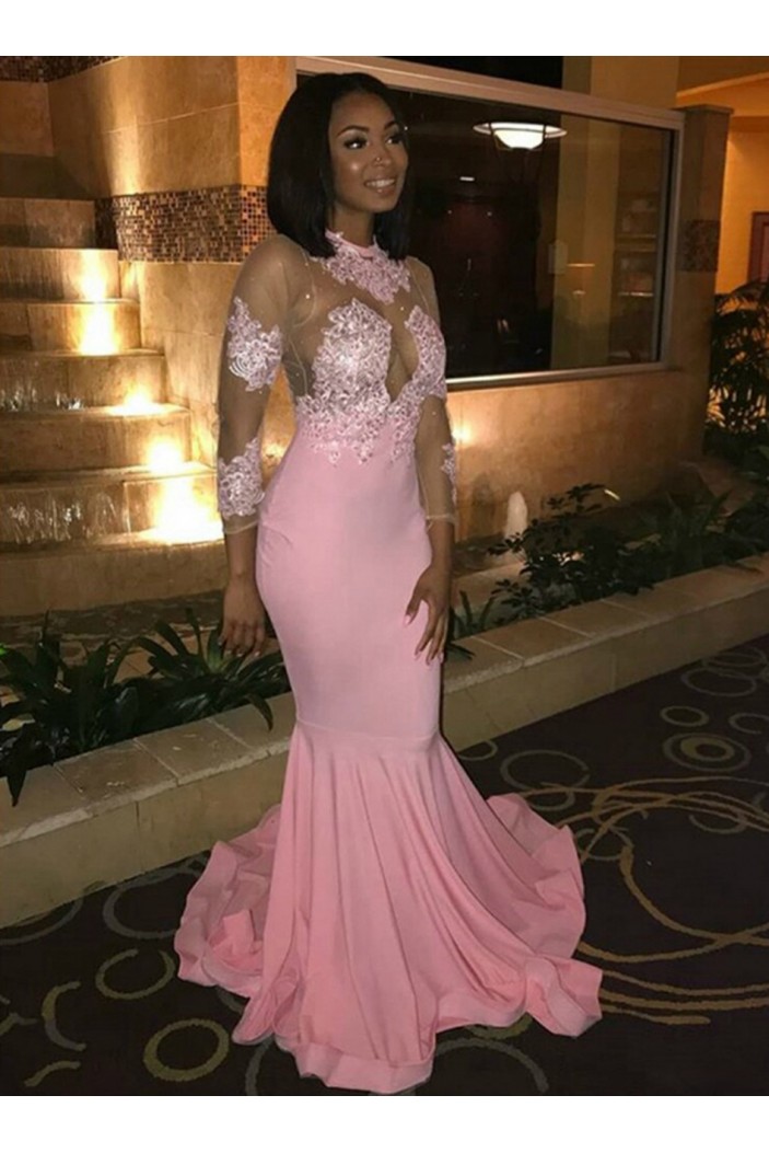 Mermaid Lace Long Sleeves Pink Prom Dresses Formal Evening Gowns 6011491