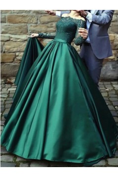 A-Line Long Sleeves Lace Satin Long Prom Dresses Formal Evening Gowns 6011512