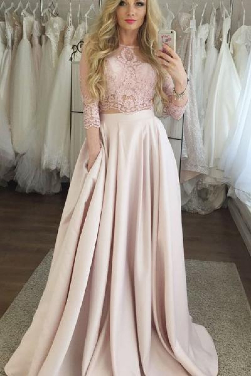 A-Line Lace Satin Two Pieces Long Prom Dresses Formal Evening Gowns 6011577