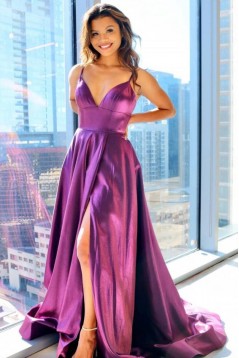 A-Line Long Satin V-Neck Prom Dresses Formal Evening Gowns 6011590