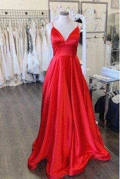 A-Line Long Satin V-Neck Prom Dresses Formal Evening Gowns 6011591