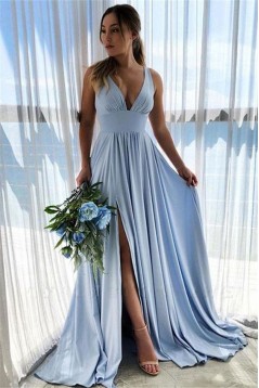 A-Line Simple V-Neck Long Prom Dresses Formal Evening Gowns 6011595