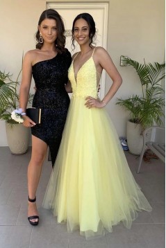 A-Line Beaded Lace Long Yellow Prom Dresses Formal Evening Gowns 6011620