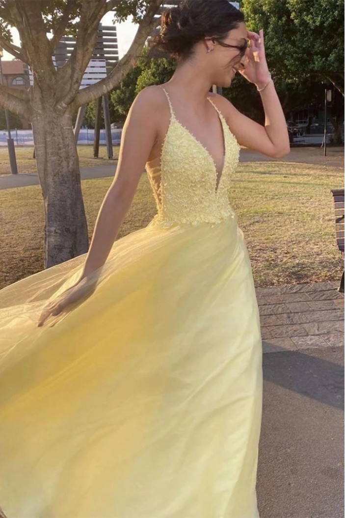 A-Line Beaded Lace Long Yellow Prom Dresses Formal Evening Gowns 6011620
