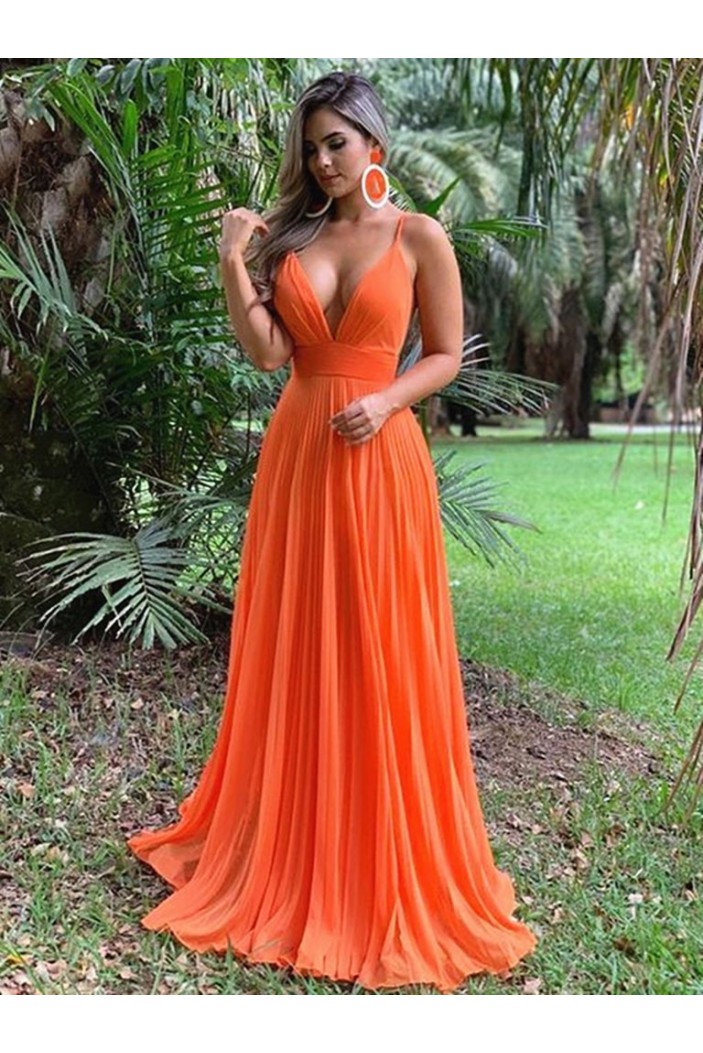 A-Line Spaghetti Straps V-Neck Long Prom Dresses Formal Evening Gowns 601813