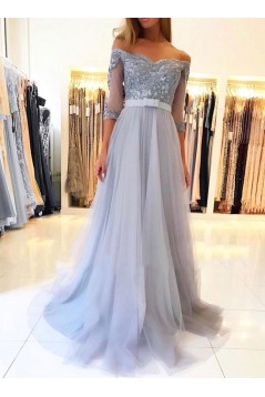 A-Line Off-the-Shoulder Lace Tulle Long Prom Dresses Formal Evening Gowns 601814