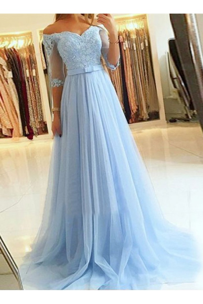 A-Line Off-the-Shoulder Lace Tulle Long Prom Dresses Formal Evening Gowns 601814