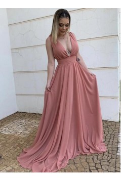 A-Line Chiffon V-Neck Long Prom Dresses Formal Evening Gowns 601820