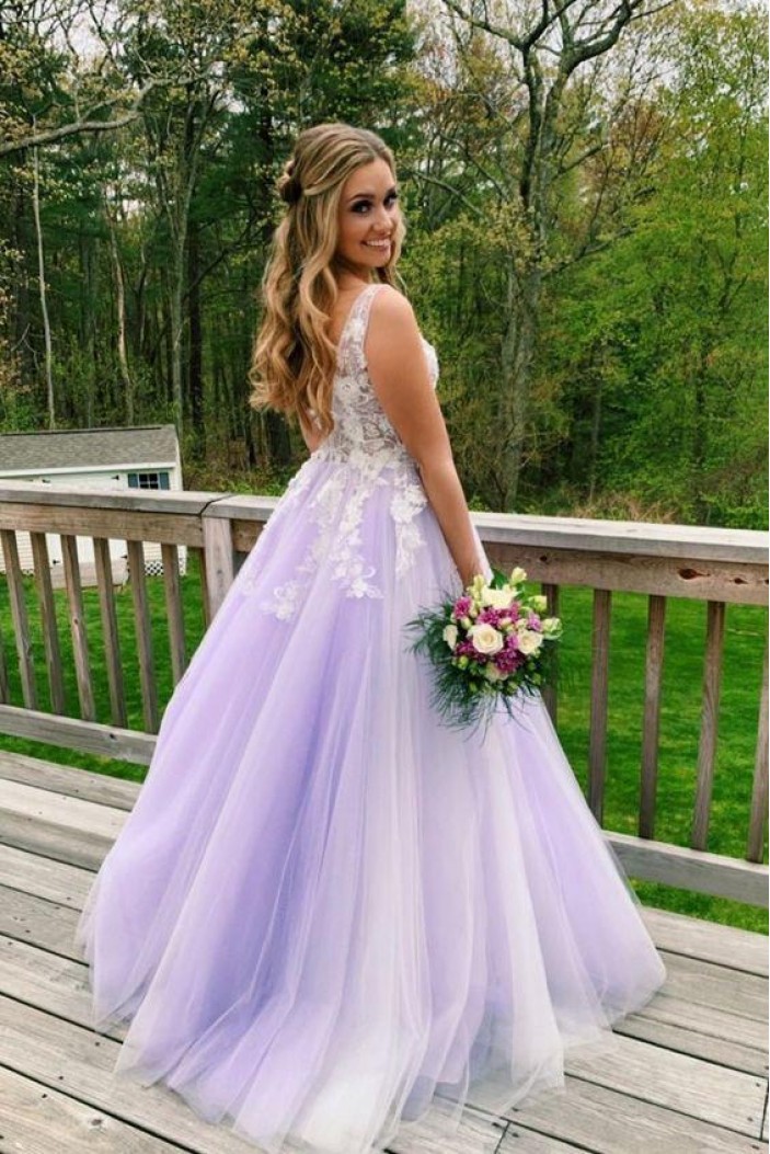 A-Line Lace Tulle V-Neck Long Prom Dresses Formal Evening Gowns 601822