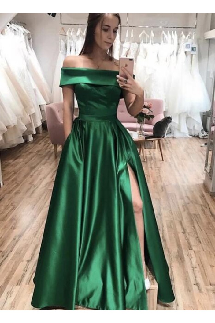 A-Line Off-the-Shoulder Long Prom Dresses Formal Evening Gowns With Pockets 601826