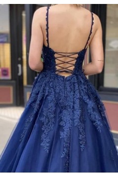 A-Line Spaghetti Straps Lace V-Neck Long Prom Dresses Formal Evening Gowns 601831