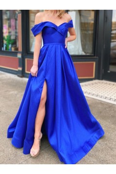 A-Line Off-the-Shoulder Royal Blue Long Prom Dresses Formal Evening Gowns 601842