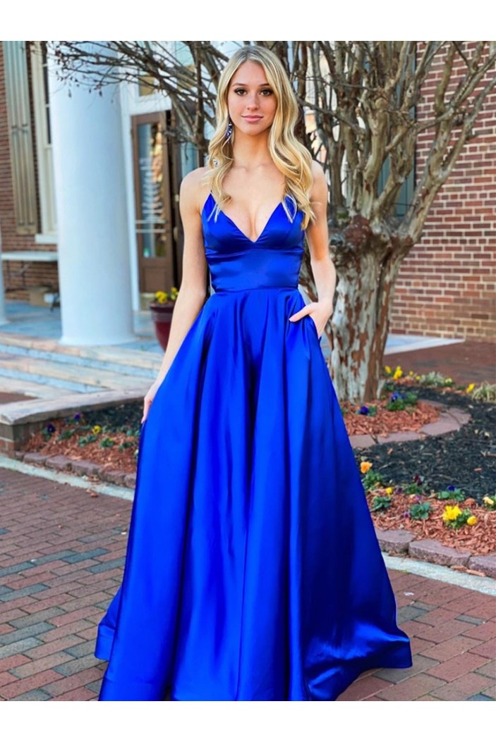 A-Line Spaghetti Straps V-Neck Long Prom Dresses Formal Evening Gowns with Pockets 601846