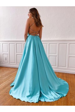 A-Line Spaghetti Straps V-Neck Long Prom Dresses Formal Evening Gowns with Pockets 601850