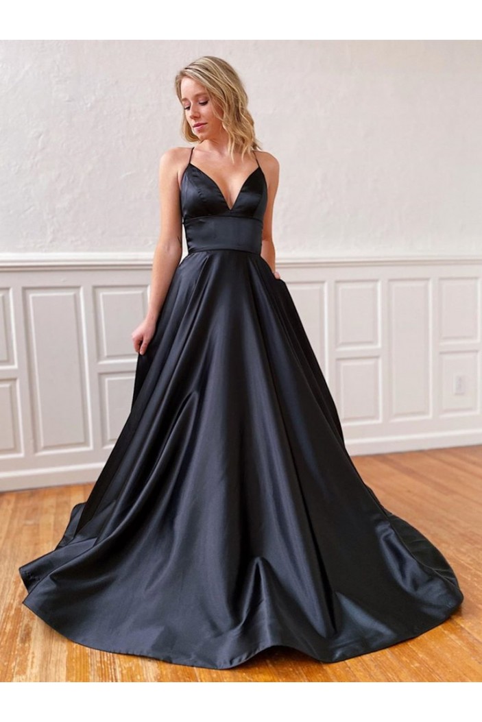 A-Line Spaghetti Straps V-Neck Long Black Prom Dresses Formal Evening