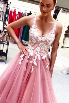 Elegant A-Line Tulle Long Prom Dresses Formal Evening Gowns 601872