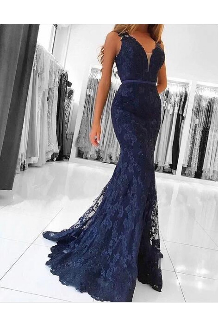 Mermaid Lace V-Neck Long Prom Dresses Formal Evening Gowns 601888