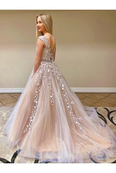 A-Line Beaded Lace Long Prom Dresses Formal Evening Gowns 601893