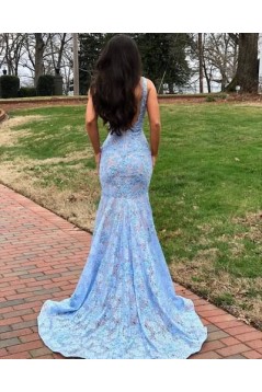 Mermaid Lace V-Neck Long Prom Dresses Formal Evening Gowns 601902